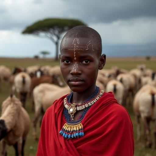 A Maasai girl stands in the Great Rift Valley. She wears a red shuka and beaded jewelry. Her skin glows with shea butter. Decorative scars are on her forehead. A herd of goats grazes behind her. Distant acacia trees silhouette against a stormy sky. Ethnic ornamentation and natural jewelry are present.