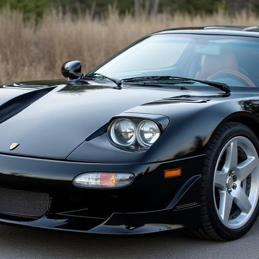A 2001 Stratos Sirocco captured from a dynamic angle. The car is black with a shiny exterior. The front features slim headlights and a distinctive grille. The setting is outdoors with natural light. This image emphasizes the sleek lines and unique design of the vehicle.