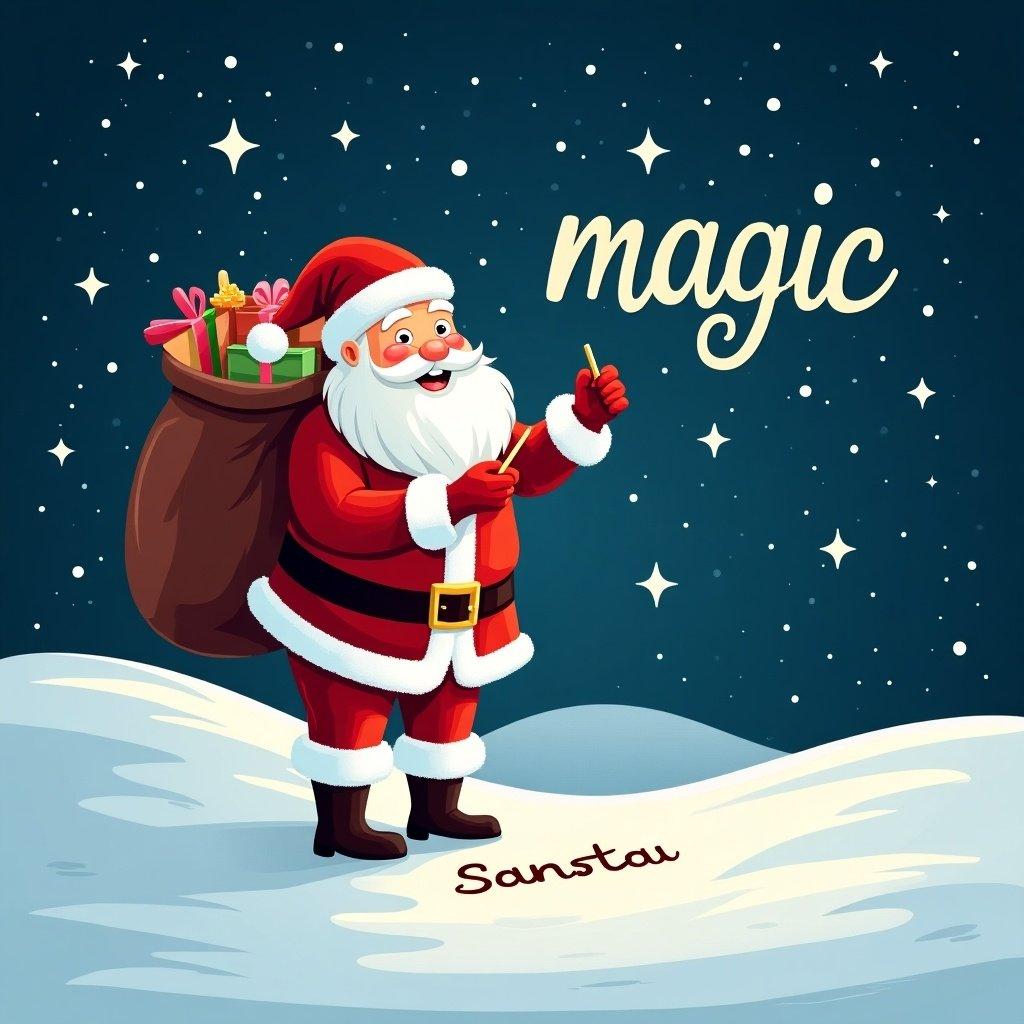 Santa Claus stands on a snowy hill with a starry night sky. He is dressed in a traditional red and white suit. A large sack of gifts is on his back. Santa writes names in the snow. Bright twinkling stars surround him. The word magic appears in a whimsical font.