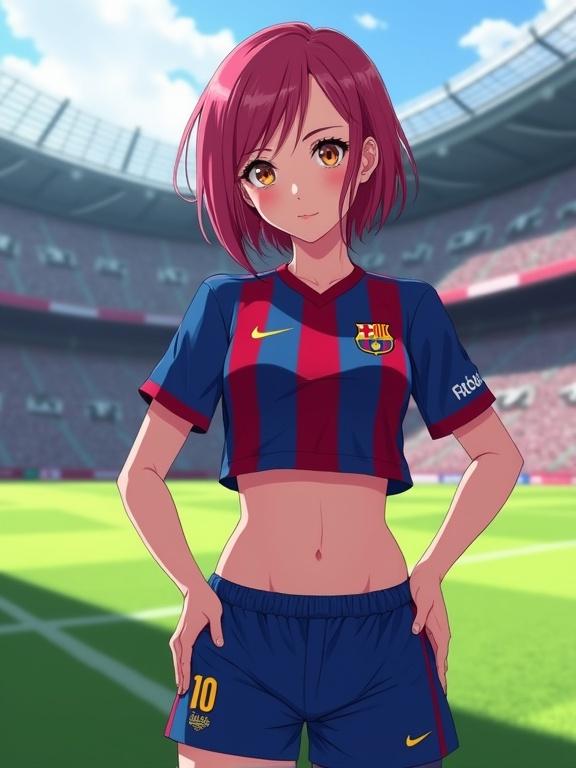 A digital illustration of a young female character dressed in FC Barcelona uniform. Character has short pink hair and golden eyes. Wearing a cropped jersey and tight shorts. Pose is confident in a soccer stadium. Background shows empty seats and green pitch. Bright lighting enhances features with cel-shading.
