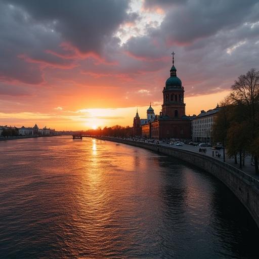 Sunset view over the Neva River with Saint Isaac's Cathedral in Saint Petersburg Russia. The sky is filled with vibrant colors and city architecture is visible.