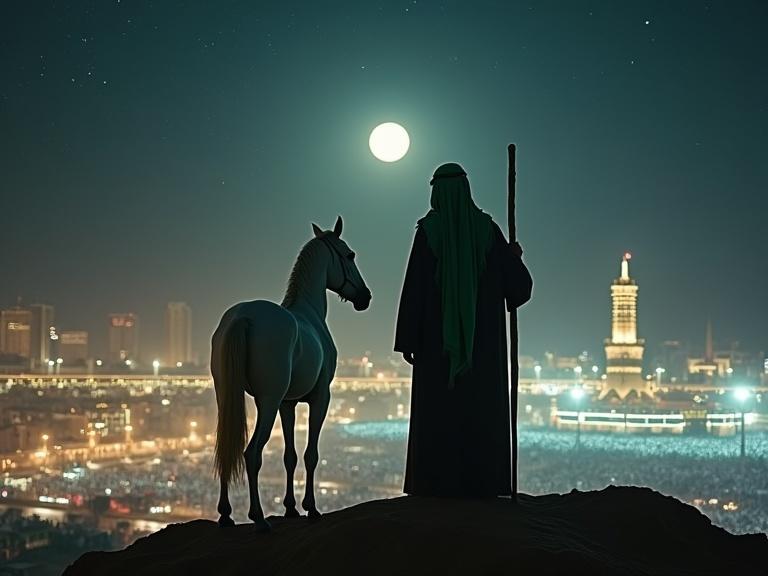 Cinematic night shot of a man in abaya and keffiyeh with a horse on Mount Hira overlooking Mecca. Grand Mosque and Kaaba visible. Night sky with stars and moon. Spiritual atmosphere. Silhouette only.