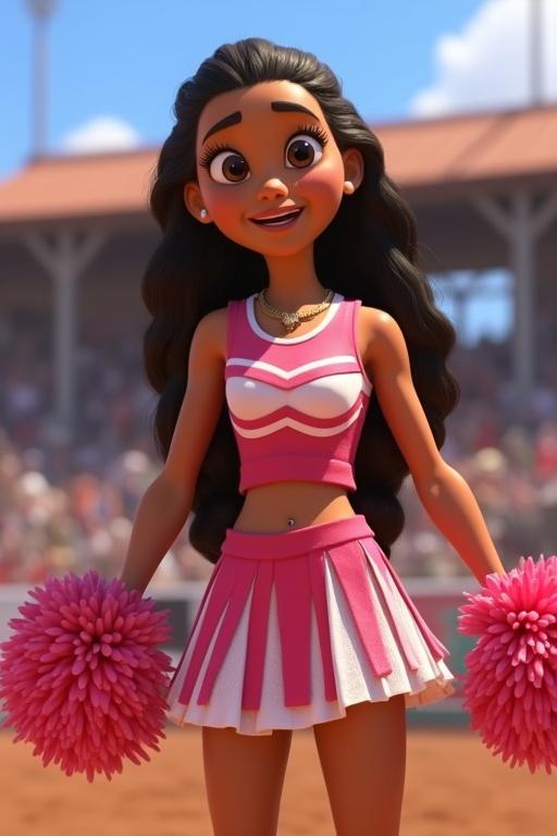 A woman inspired by a Polynesian character with long hair in two side ponytails. She wears a pink and white cheerleader uniform. She holds pom poms and cheers in a rodeo setting.