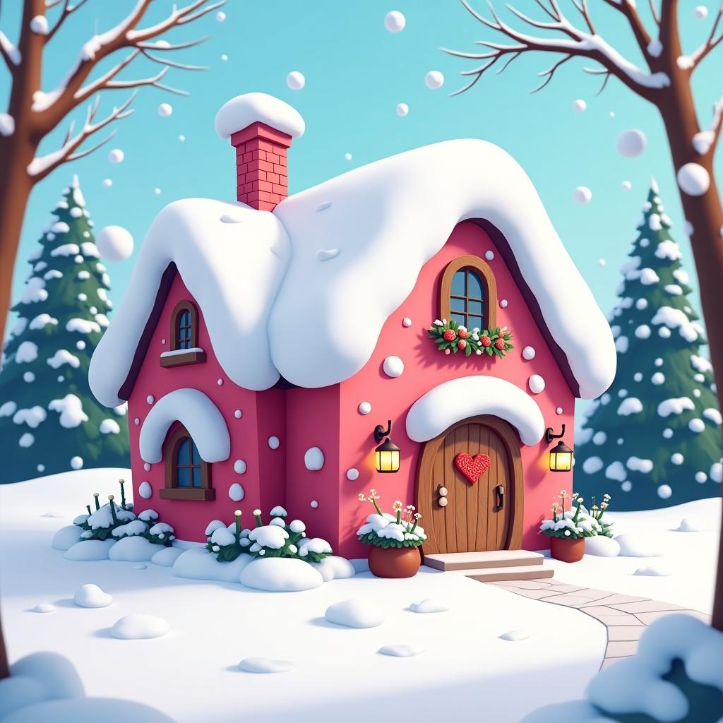 Cartoon style house in winter scene. Bright pink color. Snow covering the roof. Decorative elements like wreaths and snow piles. Cozy and festive setting.