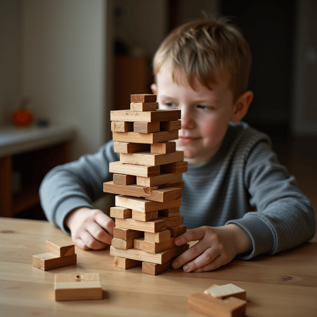 A young child in a striped sweater is intently building a tower with wooden blocks on a table.