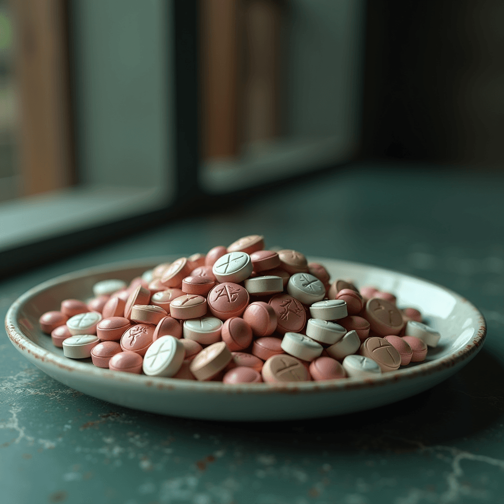 A pile of colorful tablets on a ceramic dish, featuring various symbols engraved on them.