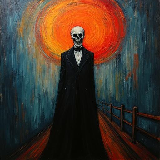 An expressive standing figure in a tuxedo on the path. A large fiery sun fills the background. Thick paint layers create strong textures. Vivid colors dominate the scene. The atmosphere is dark and dramatic.
