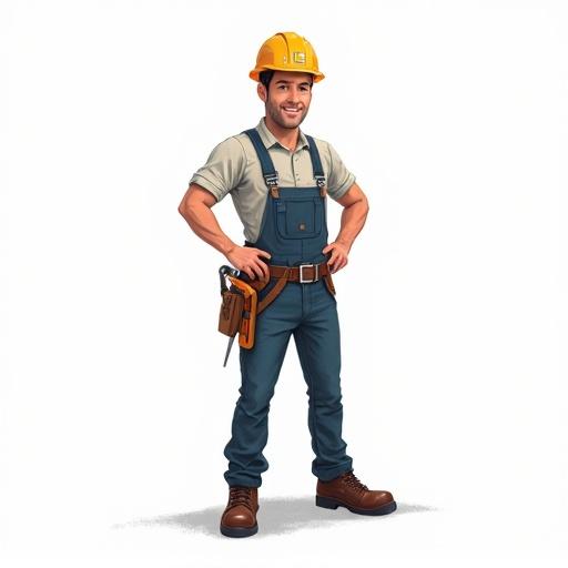 Create an illustration of a construction engineer. The engineer stands straight with a confident posture. He wears a yellow hard hat and work gear with tools visible at the waist. The background is plain white for clarity.