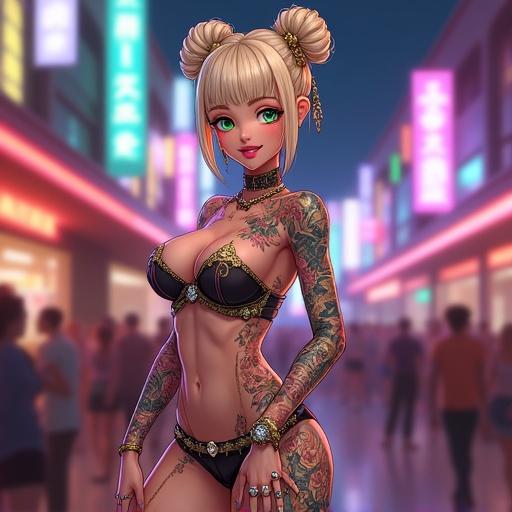 Anime character in futuristic electric nightclub. Woman looks 59 years old with emerald green eyes and light blonde bun. Wearing edgy dress with vibrant tattoos and jewelry. Standing among fans with a nightlife background.