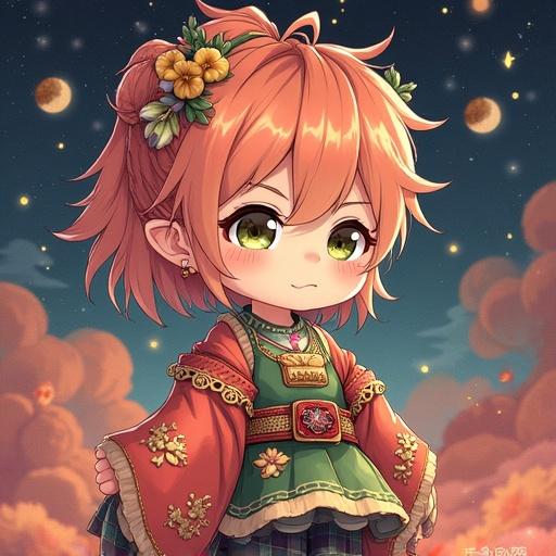 A cute anime character with large eyes, wearing a colorful traditional outfit. The background features celestial themes, including stars and clouds. The character has a thoughtful expression and decorated hair with flowers.