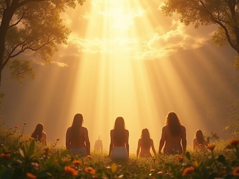 A group of early humans kneeling in reverence under radiant sky with soft divine light shining down surrounded by pristine Eden-like garden realistic style golden tones