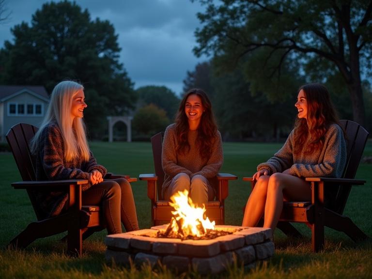 Photograph of three young adult women around fire pit in backyard. They are in rustic chairs talking and laughing. The setting features green grass and large trees with houses in the background. The scene is illuminated by a glowing fire in the pit.