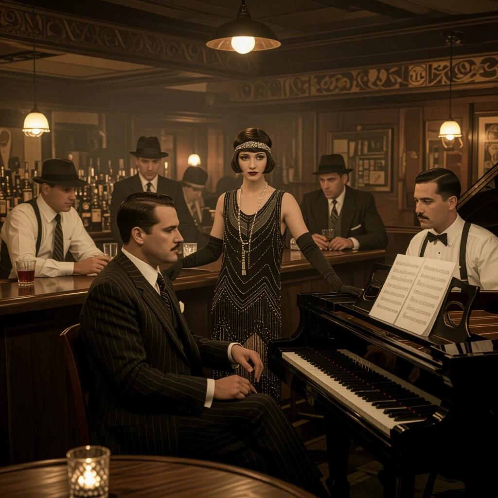 Scene set in a 1920s speakeasy bar. Mobsters in striped suits engage in discussion. A flapper with short hair observes. A pianist with a mustache plays piano in white undershirt. Art Deco decoration adds elegance. The atmosphere is smoky and nostalgic.