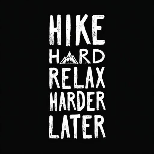Design on a black t-shirt featuring white text in vertical alignment. Text reads Hike Hard Relax Harder Later with illustrations of mountains and trees.