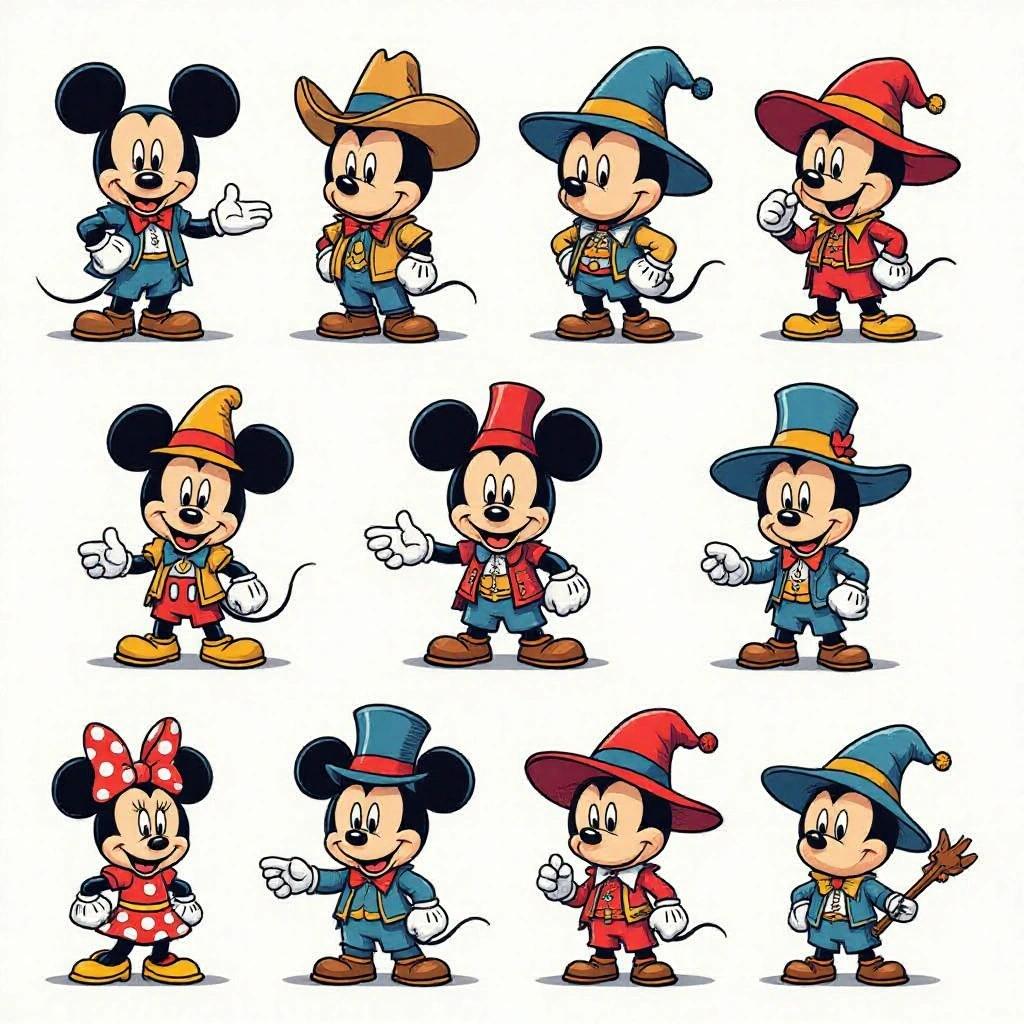 Illustration featuring multiple Mickey Mouse characters in various outfits with Minnie Mouse in the center.