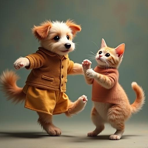 Dancing dog and cat wearing dresses. The dog has a playful expression while the cat shows joy. Both are in a lighthearted pose.