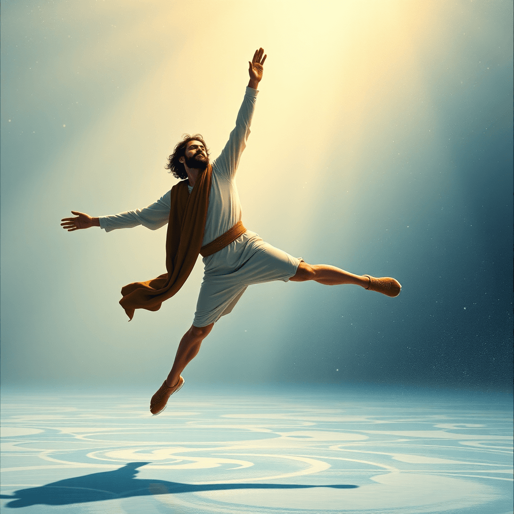 A man in ancient Greek-style clothing is leaping joyfully in a sunlit space.