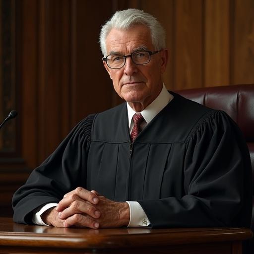 A senior judge posing confidently at a desk in a courtroom. The judge wears glasses and a black robe. He holds his hands together. The background shows wood paneling, contributing to a formal atmosphere.