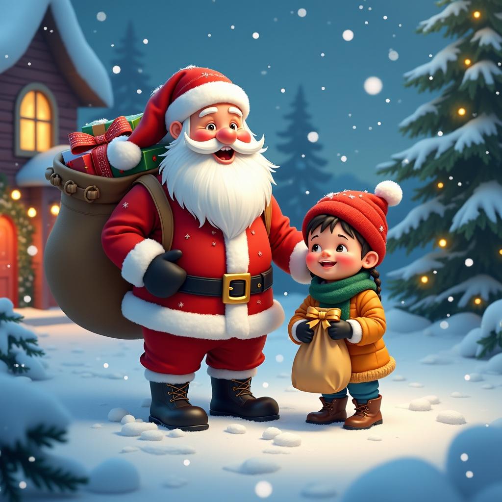 Santa Claus in a snowy scene. A happy Santa with a white beard stands with a joyful child. The child holds a small bag. Snowflakes fall around them. A cozy house with Christmas decorations visible in the background.