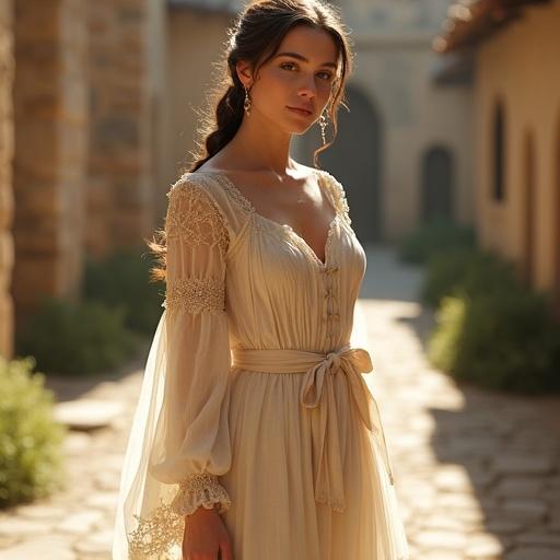 A graceful woman stands in a medieval fantasy setting. She wears a lightweight, elegant outfit in pale earthy tones. The outfit includes a flowing mini skirt and sheer sleeves with delicate embroidery. The atmosphere is serene and warm. Sunlight bathes the rustic stone cottage around her. The style is soft and semi-realistic.