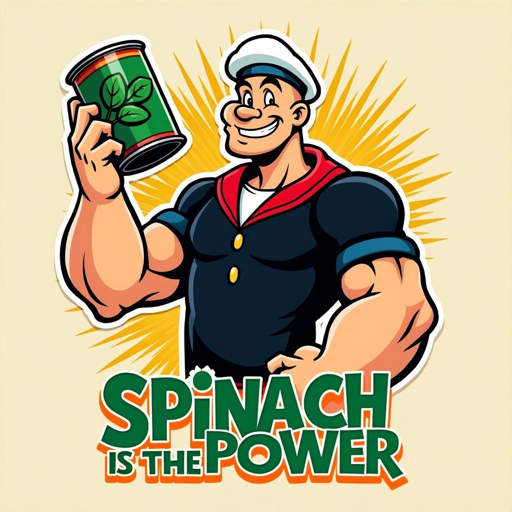 This image features a cartoon character named Popeye, known for his love of spinach. He is flexing his muscles while holding a can of spinach, displaying a confident smile. The catchphrase 'Spinach is the Power' is prominently displayed below him in bold letters. The background features radiating lines, adding a dynamic and energetic feel. The colors are vibrant and eye-catching, making it suitable for a T-shirt print.