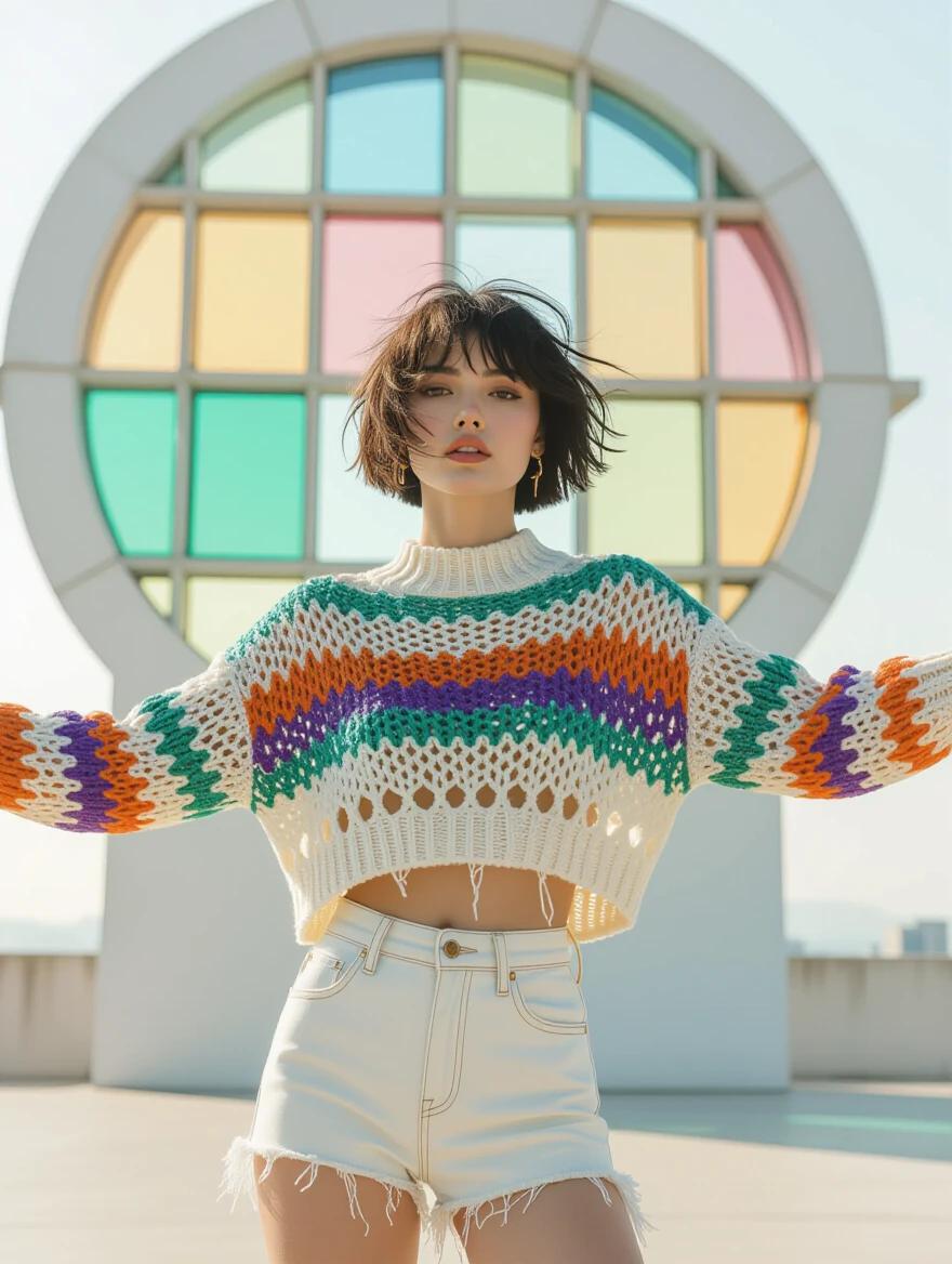 High fashion photo of a woman with short black hair wearing a colorful tubular sleeve sweater. She is jumping with arms wide open. The background features a modernist observatory with colored glass. The lighting is soft and natural. The outfit includes high-waisted shorts and has a trendy appearance.