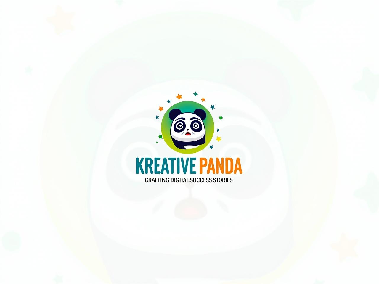 The image showcases a playful logo featuring a cartoon-style panda face. The panda has large, expressive eyes with a fun swirl design inside them, giving it a whimsical appearance. It is framed by a circular design with a gradient background that transitions from green to blue. The logo includes elements like small stars and circles, enhancing its creative flair. Below the panda, the text reads "Kreative Panda" in vibrant colors, followed by the tagline "Crafting Digital Success Stories." The overall design conveys a sense of creativity and friendliness.