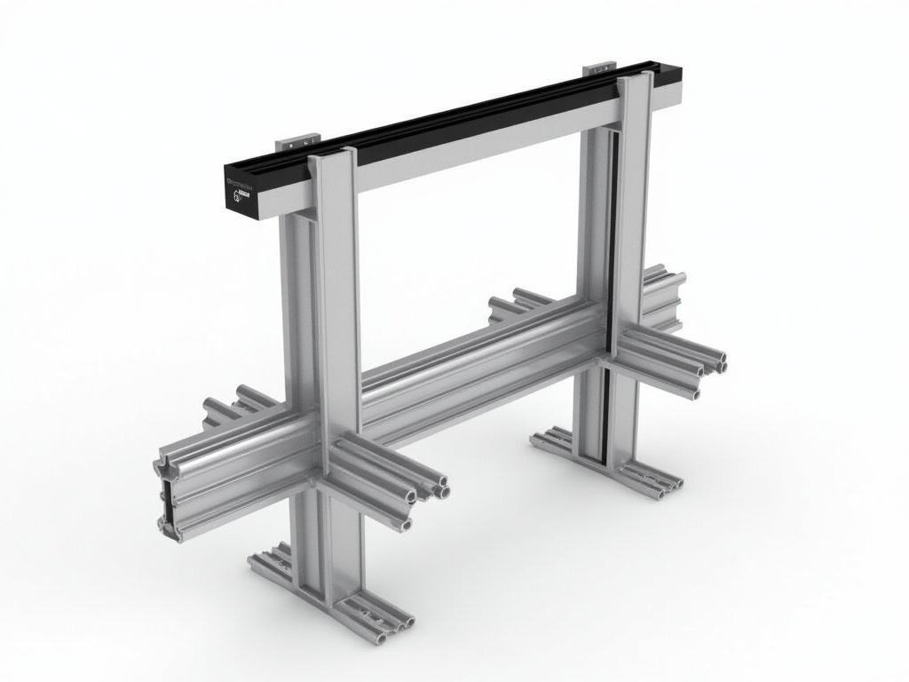The image depicts a mechanical system featuring linear motion components. It consists of a rectangular structure with two vertical columns made of silver metallic extrusions, supporting a black cable carrier track positioned horizontally at the top. Below the horizontal track, there are two parallel linear rails made of metal, with additional horizontal components aligning perpendicular to them. The overall design focuses on functionality, with an industrial aesthetic and precision engineering visible in the arrangement of support brackets and tracks.