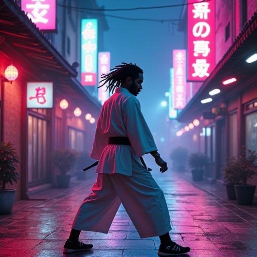 Digital painting set in a cyberpunk city featuring a man with dreadlocks in a white kimono displaying a karate stance. Neon signs illuminate the scene. The work combines traditional martial arts with a futuristic vibe.