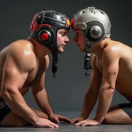 Two boys engaged in a wrestling face-off while wearing wrestling headgear and shoes. Focus on their expressions and stance in a competitive moment.