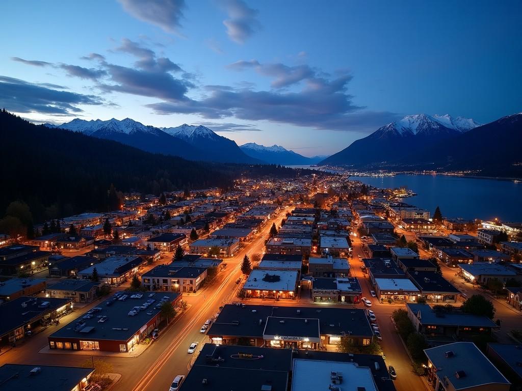 Scenic aerial view of a city with mountains in the background at dusk, illuminated by street lights.