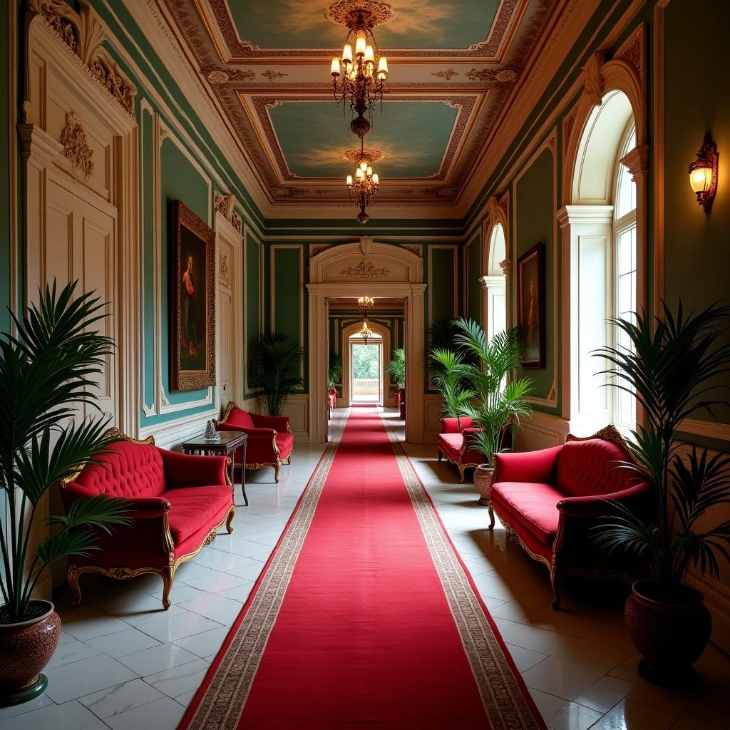 A luxurious palace hallway with arched doorways. Elegant red couches are present. A central red carpet runs down the hall. Decorative plants line the sides. Soft ambient lighting enhances the rich blue walls. Walls are adorned with paintings and ornate designs.