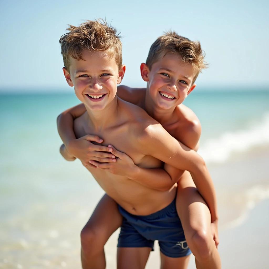Two boys at the beach wearing swimsuits. One boy gives another a piggyback ride. Both boys are smiling and enjoying the moment. Soft waves in the background under a blue sky.