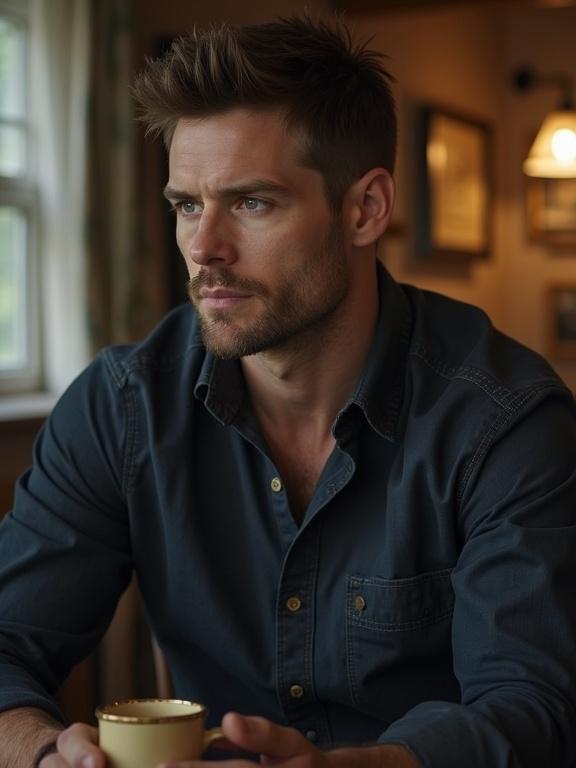Depict a young man sitting indoors in a cozy setting. He holds a cup with hands visible. The room has warm lighting and a comfortable atmosphere. He wears a navy blue shirt with buttoned cuffs. The person appears contemplative and relaxed.