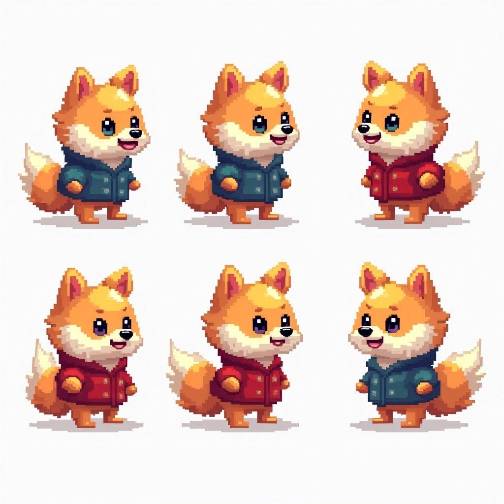 Pixel art characters designed for indie games. Features Pomeranian pixel art characters in vibrant colors. Characters show various poses and outfits. Suitable for game design and creative projects.