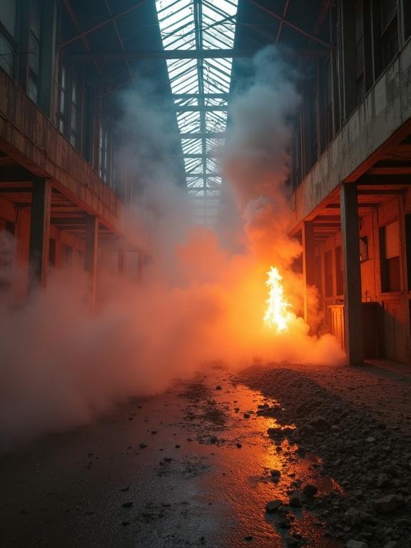 Photorealistic image in a dilapidated warehouse. Dust flies through the air. Thick smoke fills the scene. Flames dance on the walls. Flickering neon light creates long shadows. Tense and gritty atmosphere. Shot from low angle with depth of field and motion blur.