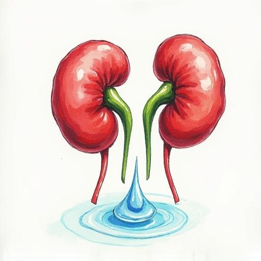 Illustrate two kidneys. Include a green leaf and a drop of water. Focus on vivid colors and clear shapes.