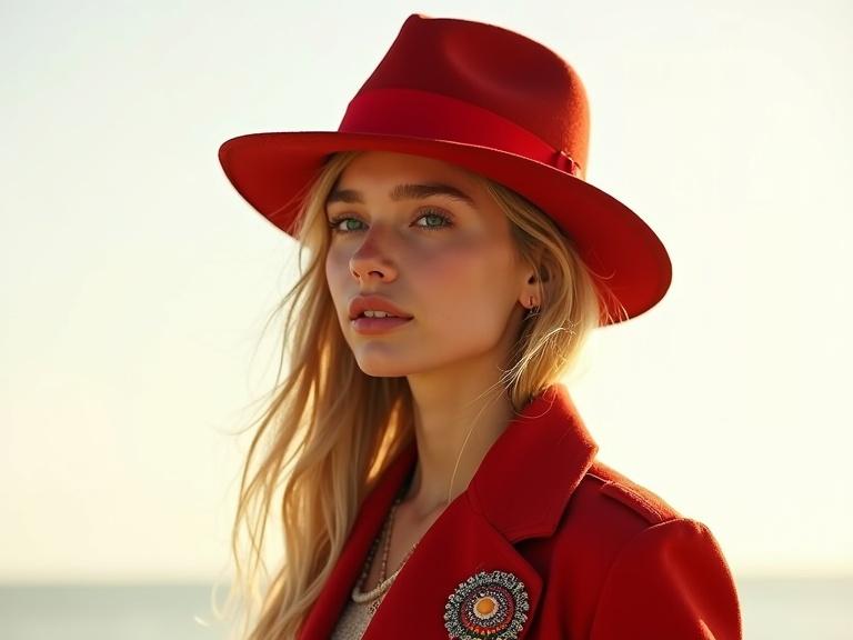 Young woman with long light hair wears a stylish red hat and coat. Background is plain. Hair blows in the wind. Gaze turned to the side. Colorful brooch on coat. Scene bathed in warm sunlight. High quality image with sharp details.