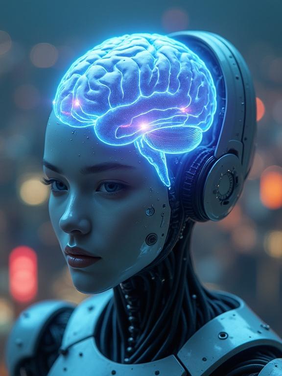 Ultra-realistic studio shot of a cyborg head gazing at the viewer. Cranial plates flare open revealing a blue-violet hologram brain. Neurons pulse with light. Soft rim-lighting highlights metal edges. Background shows a sci-fi city with shallow depth of field.