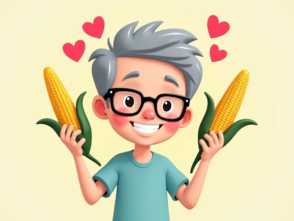 A cartoon illustration of a young character with grey hair and glasses, holding two ears of corn with hearts around them, exuding joy and happiness.