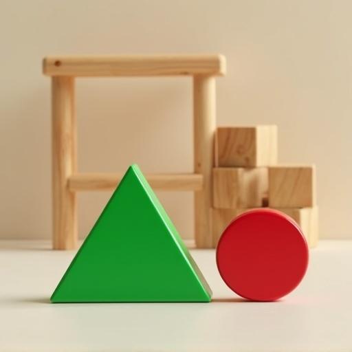 A photo of a green pyramid block next to a red circle block. Behind the blocks, there is a wooden chair.