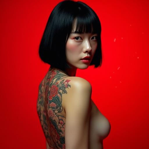 Back-facing Asian woman in focus against red background. Straight short black hair chin length. Serious facial expression. Eyes glance back over shoulder. Upper body nude with traditional Japanese tattoo covering back and shoulders. Tattoo features flowers waves and a dragon. Intense mysterious powerful mood. Soft directional lighting creating shadows.