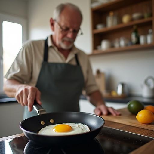 Realistic photo features a senior man cooking a fried egg in a nonstick pan. Modern but simple kitchen setting with warm daylight. Focus is on the egg in the pan.