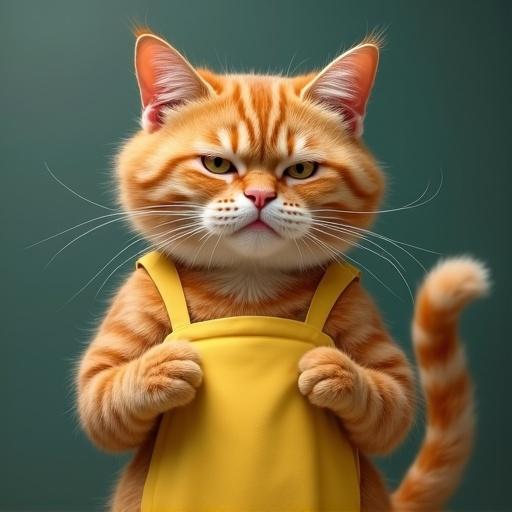 Semi-realistic orange tabby cat wears yellow apron. Cat frowns with narrowed eyes. Tense posture suggests scolding. Ears slightly back show anger.