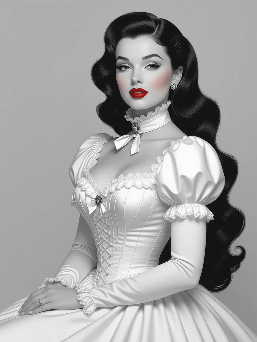 Full body frontal view of a woman inspired by Marilyn Monroe. Dress is Victorian-style with frills and a tall collar. Long brunette hair styled elegantly. Classic black and white photography style is used.