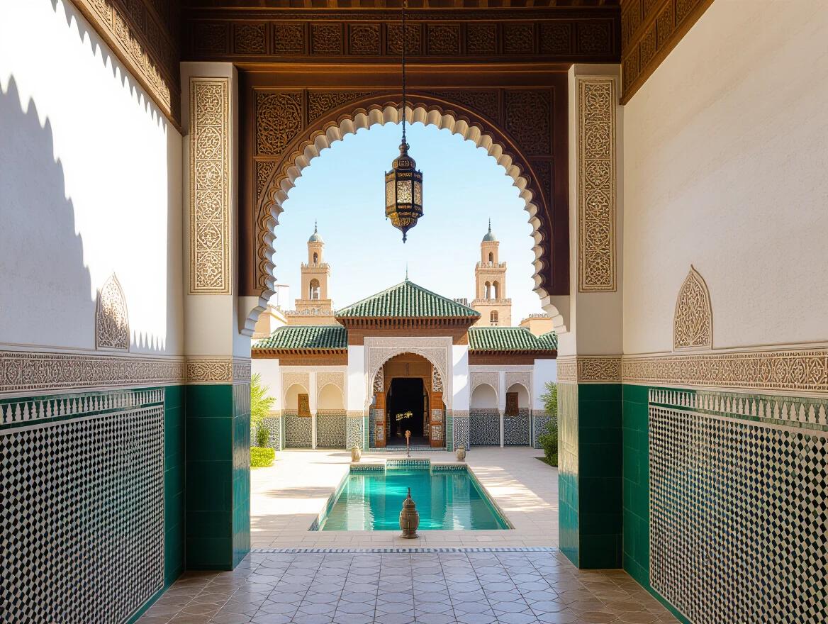 Visually represent Morocco with emphasis on cultural essence and architecture. Show an ornate architectural entry with an arched view of a courtyard and pool.