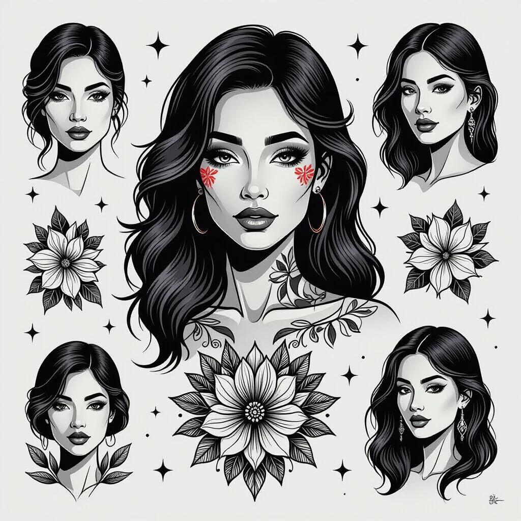Flash tattoo sheet featuring various stylized portraits of women with floral elements and intricate line work. Thick black outlines define the minimalist and elegant style of each design. The arrangement showcases a collage of emotional and exotic representations, emphasizing the beauty and allure of body art.