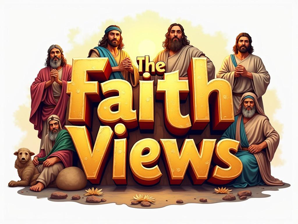 Create a cheerful hyper-realistic logo for a YouTube channel titled 'The Faith Views'. The design should reflect themes from ancient Bible times. Incorporate characters from the bible. Use vibrant colors and engaging elements to attract viewers' attention and convey positive atmosphere. Position the text prominently.