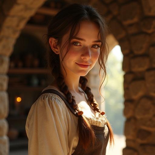A young woman stands in a rustic stone cottage. She has a warm smile and gentle facial features. Her hair is chestnut brown and styled in a relaxed manner. She wears a modest medieval dress and apron in earthy tones. Soft sunlight illuminates the scene, creating a cozy feel.