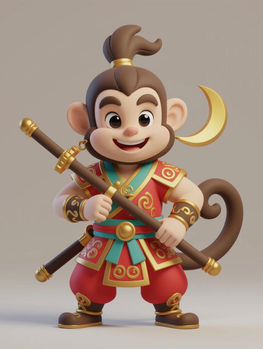 3D cartoon character of a clever monkey inspired by Sun Wukong. Character has a playful expression and holds a staff. Colorful outfit with traditional elements.